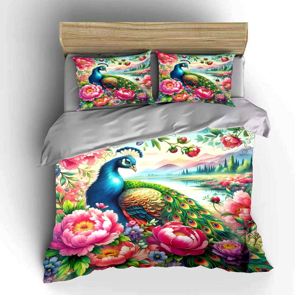 Peacock and Floral Landscape Bedding Duvet Cover Set (1*Duvet Cover 2*Pillowcases, without duvet insert)