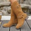 Western Retro Buckle Cowboy Boots for Women Faux Suede Hollow Out Riding Boots Woman Spring Autumn Square Heels Mid Calf Botas