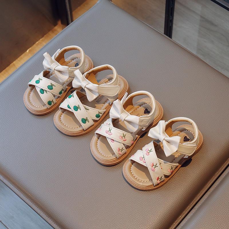Baby Girls Leather Sandals Princess Sweet Kids Beach Sandals Summer New Children Toddlers Bow Sandals Embroidery Fruit Fashion
