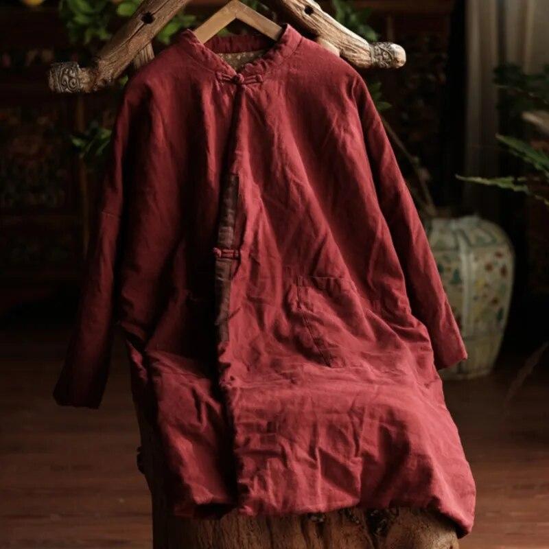 Johnature Women Chinese Style Stand Winter Parkas Solid Color Patchwork Pockets Coats Long Sleeve Button Vintage Parkas