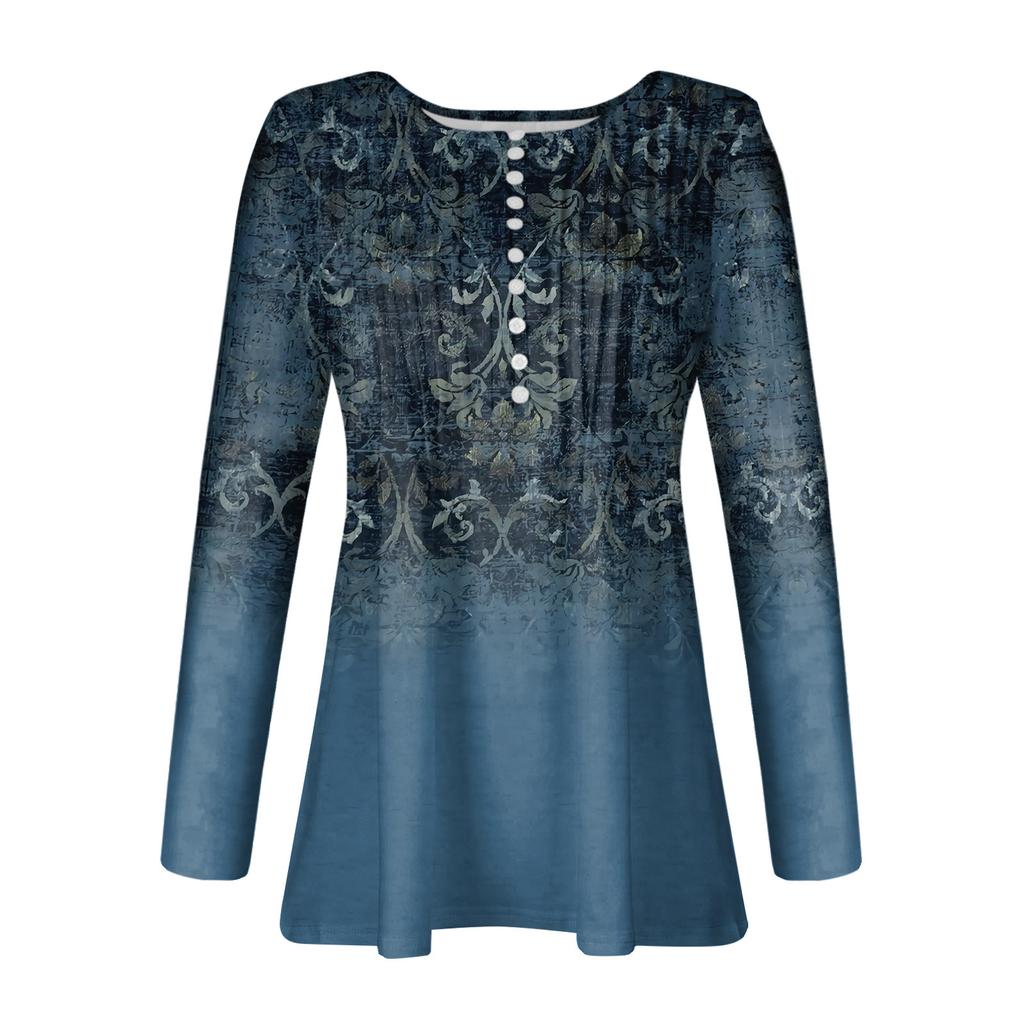 Women's Printed Button Collar Pleated Printed Long Sleeves Holiday Basics Tunic Slim Tops Printed Ethnic Tops T-Shirts V Neck Pullover Tops Pullovers