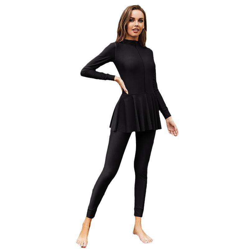 Solid Color Full Coverage Long Sleeve Surfer Sunsuit - Conservative One-Piece Arabic Swimsuit
