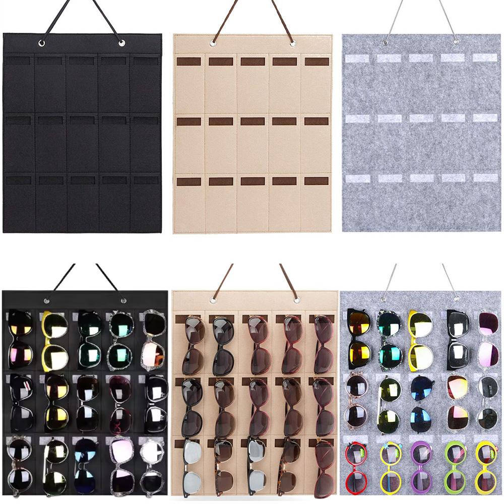 Sunglasses Felt Storage Hanging Bag Eyeglasses Hanging Display Rack Behind The Door Wall Storage Organizer With 15 Storage Slots Cup Holders 5