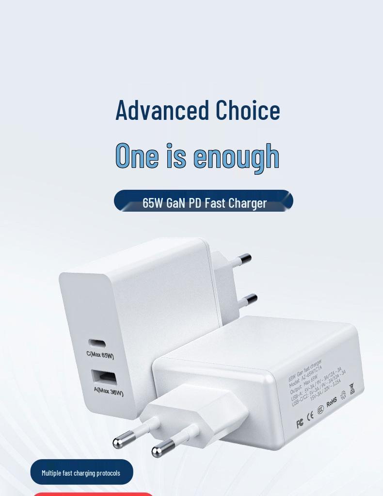 Быстрое зарядное устройство GaN с двумя портами USB-C мощностью 65 Вт для ноутбука и телефона