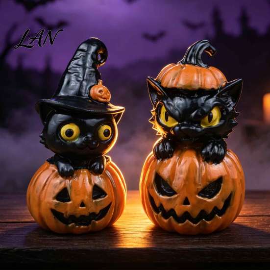 Spooky Tabletop Centerpieces Halloween Black Cat & Pumpkin Resin Ornaments, Cute Desktop Figurines, Office Desk Seasonal Ornaments Cartoon And Statue
