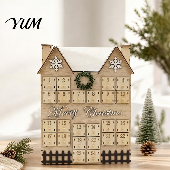 Festive Desktop Decoration Wooden House Christmas Advent Calendar, with 24 Drawers, Countdown to Vintage Style Decor Gift Box, Refillable Xmas