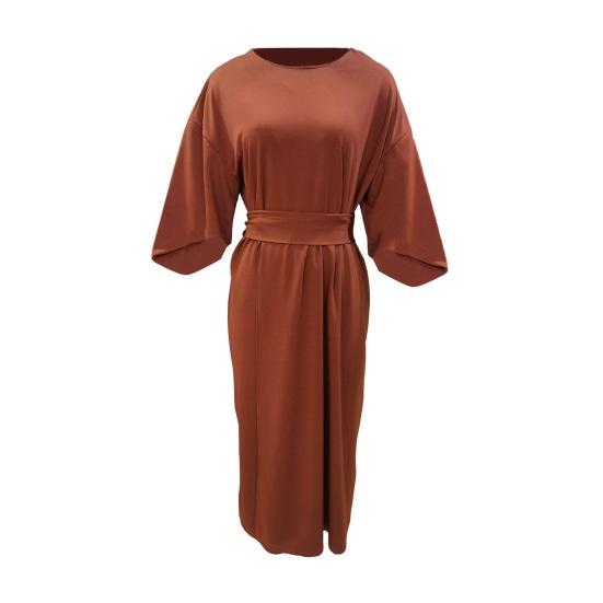 Женское платье с тонкой талией, однотонное платье с рукавами «летучая мышь», миди-платье длиной до икры, вечернее платье с круглым вырезом, длинное платье для поездок на работу, вечеринок, свиданий