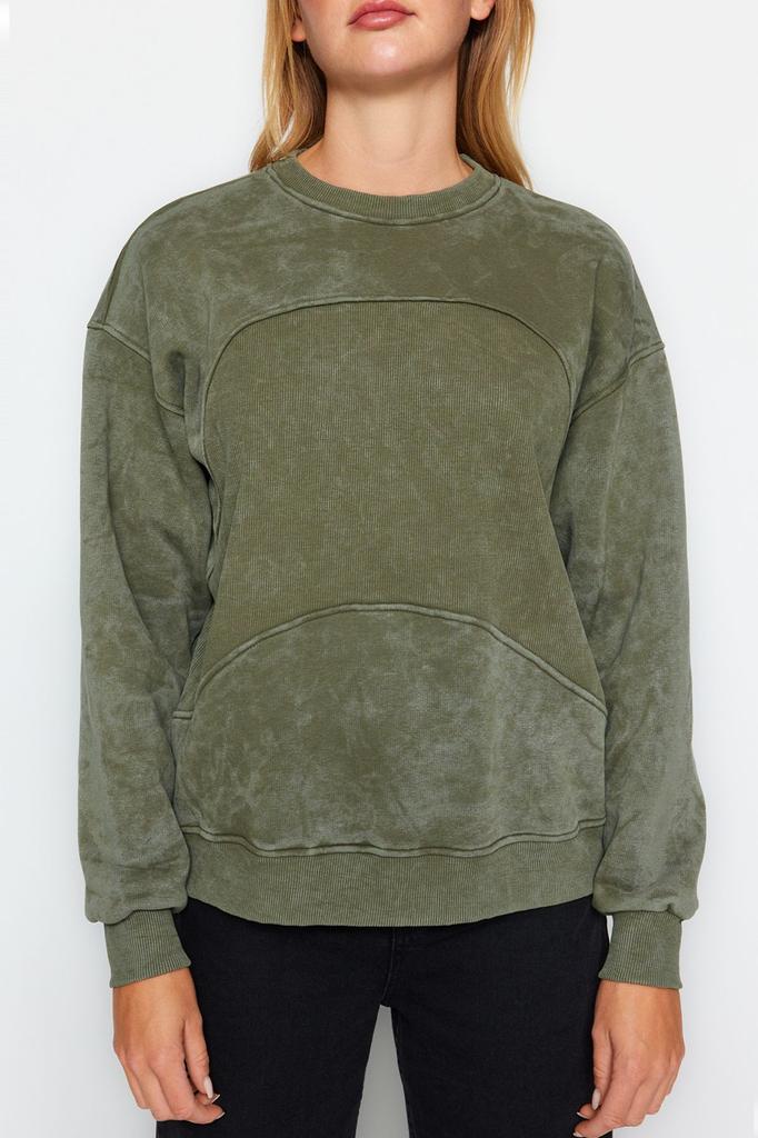 Женский модный стильный свитшот цвета хаки, с эффектом античного выцветания, толстый флис внутри, широкий трикотаж большого размера
