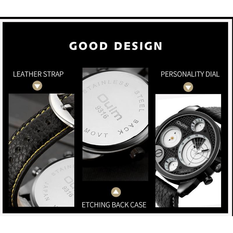 Oulm Мужские кварцевые часы с большим циферблатом, мужские часы из натуральной кожи с двумя часовыми поясами, новые