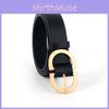 Classic Dress Womens Belt With Elliptical Gold Buckle And Detail Perforated