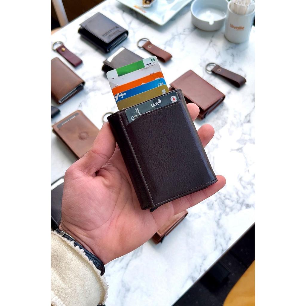 Унисекс черный кошелек из натуральной кожи с механизмом - (Специально для имени) - (Подарок на брелок из натуральной кожи)