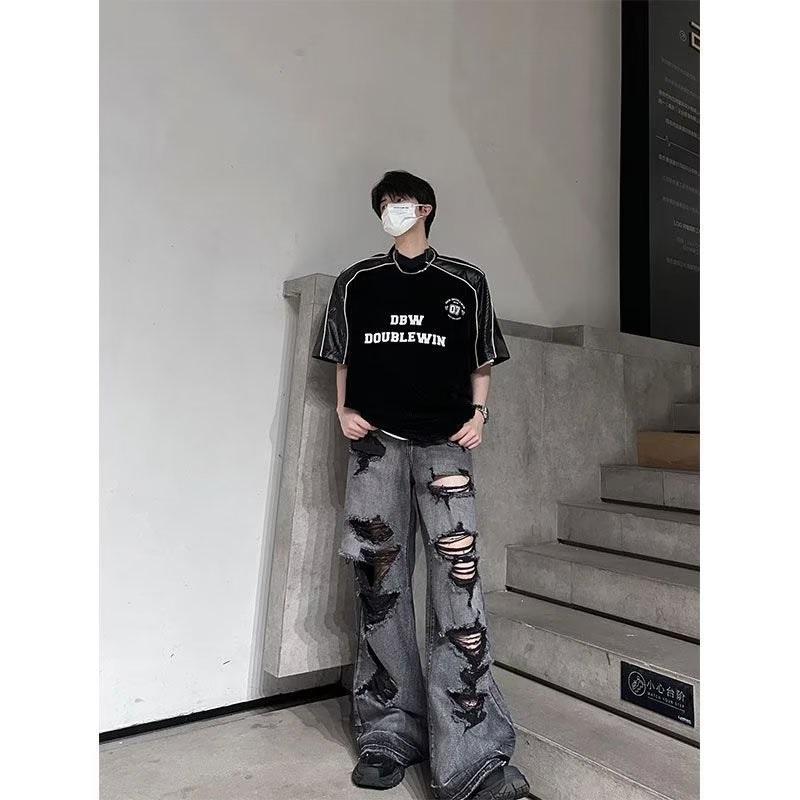 Джинсы в американском стиле Old Ruffian Handsome с широкими штанинами и рваными деталями, уличные свободные прямые брюки для мужчин