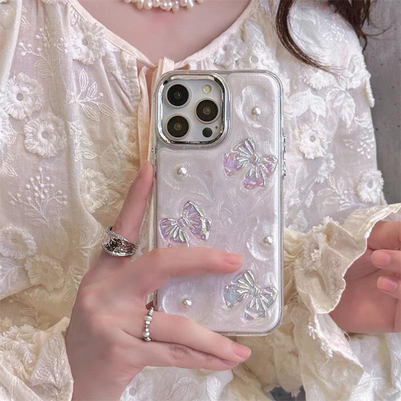 Блестящий Чехол-Бабочка для IPhone17Promax Жемчучная Бабочка-галстук для Apple 16 Стразы Силиконовый Женский Новый Модель