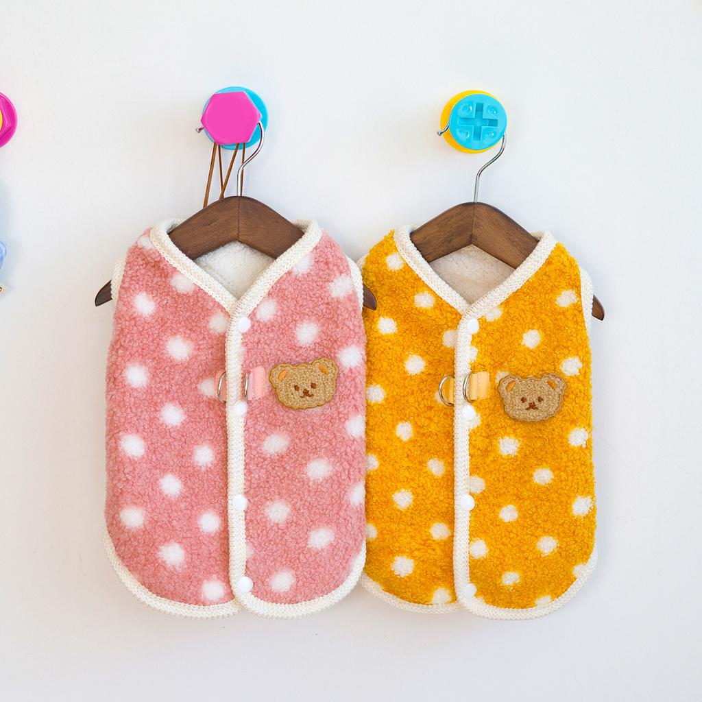 Pet Polka Dot Plush Coat Cute Little Bear Dog Clothes Cat Small Dog Open Button Comfortable Teddy Bear Edge Velvet Vest