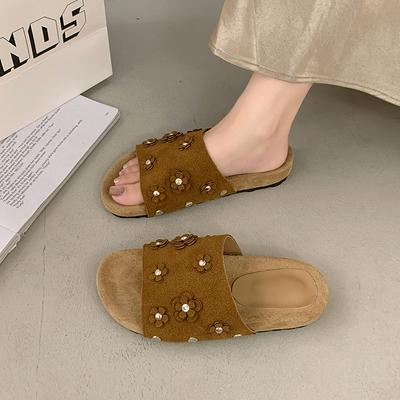 Новые стильные роскошные тапочки женские из коровьей замши с открытым носком, с заклепками, цветочным узором, однотонные, дизайнерские балетки, осенняя женская обувь, zapatos mujer