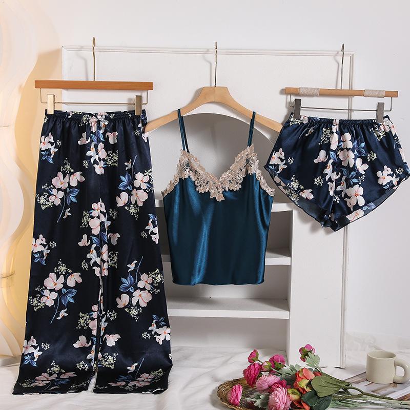 Women's loungewear three-piece suspender shorts trousers sexy spring and summer casual simple ice silk pajamas women