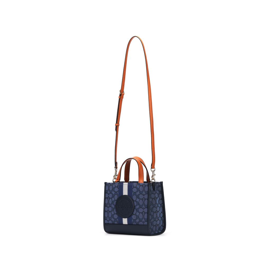 Coach Dempsey 22 Monogram Stripe Logo Accent Fabric And Leather Tote Bag Women Tote Bags Denim-Blue Hazelnut CQ878-IMXCY