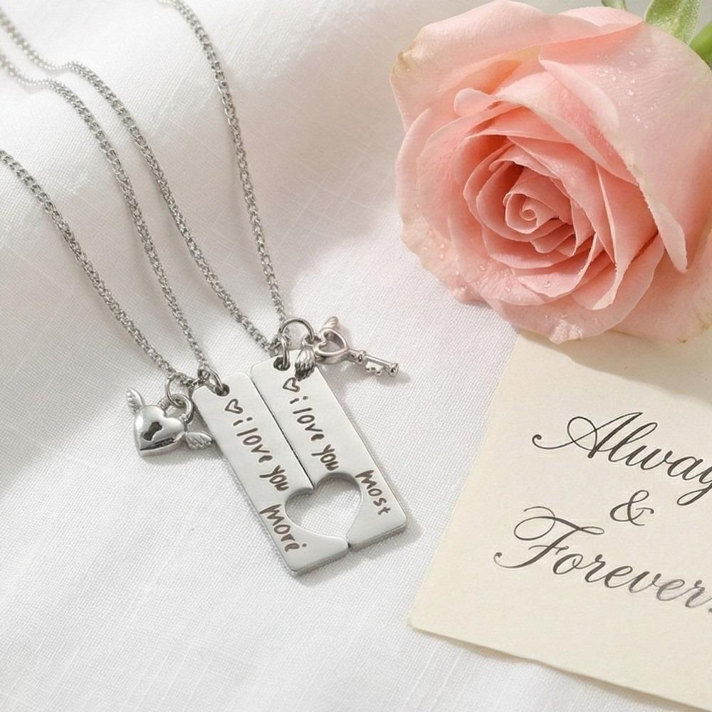 2pcs Stainless Steel Couple Necklaces Matching Puzzle Heart Lock Key Pendant  Valentine Day Gift