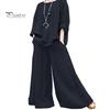 2 Pcs/Set Women Top Pants Set Round Neck Retro Long Sleeves Blouse Wide Leg Elastic Waist Trousers Daily Leisure Loose Outfit