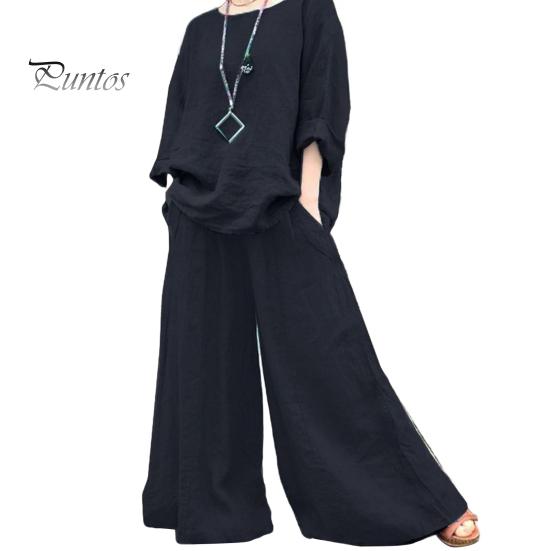 2 Pcs/Set Women Top Pants Set Round Neck Retro Long Sleeves Blouse Wide Leg Elastic Waist Trousers Daily Leisure Loose Outfit