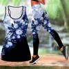 Blue Tilted Flower Print Yoga Outfit for Women Fashion Workout Leggings Fitness Sports Casual Yoga Set Sports Suit