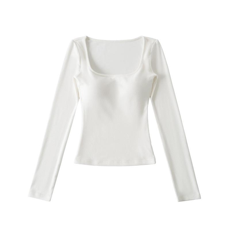 Korean Square Neck Slimming Long Sleeve T-Shirt with Chest Pads and Waist-Cinching Design for Women - Spring/Autumn