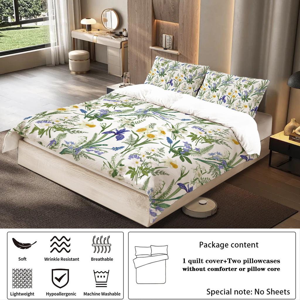 3pcs Plants Pattern Printed Bedding Set,soft and Comfortable, 1*duvet Cover+2*pillowcase, Suitable for Women and Adult's Bedroom