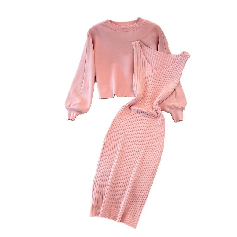 Осенне-зимний модный короткий свободный свитер с круглым вырезом, комплект из двух предметов, женский эластичный обтягивающий топ, юбка, платье средней длины