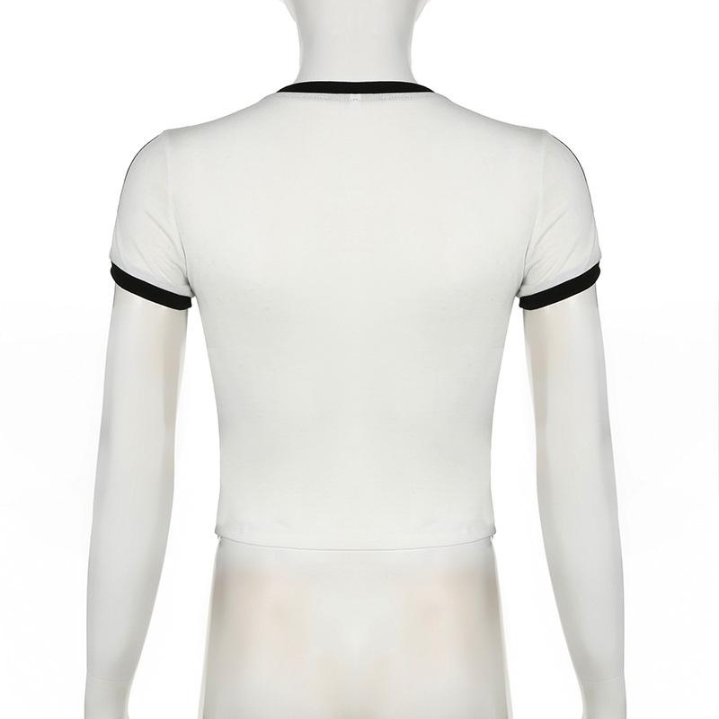 Контрастный вышитый топ-кроп с бантом Женские повседневные футболки с принтом в полоску, с коротким рукавом, облегающие, белые Футболки Повседневная уличная одежда y2k Футболки