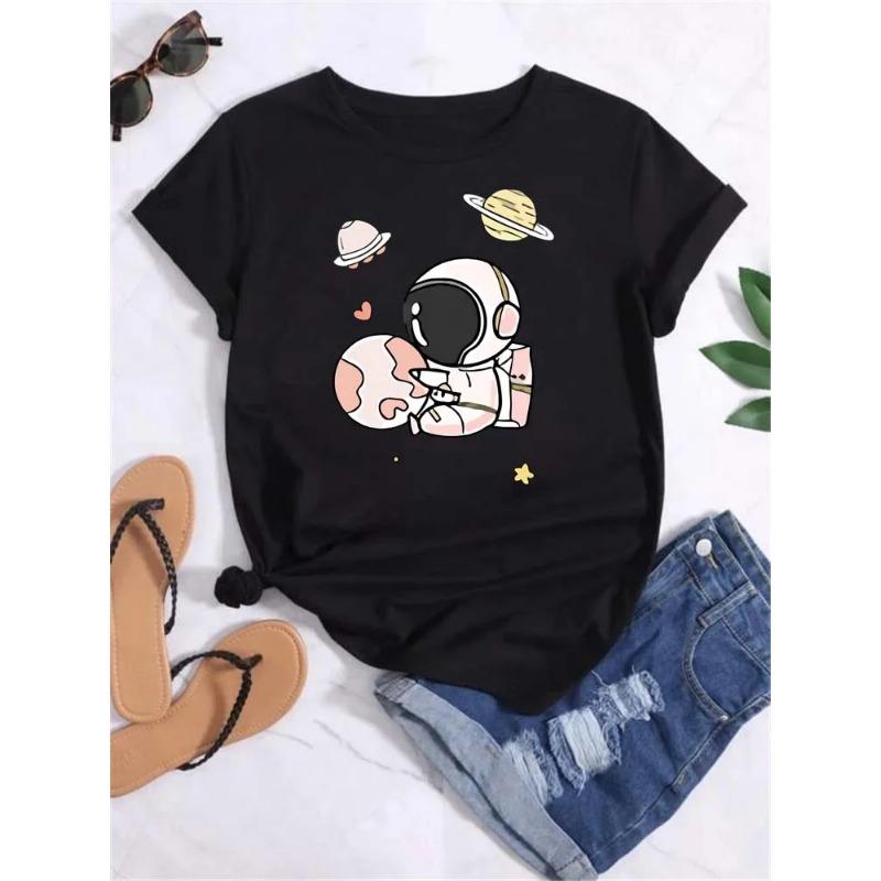 Футболка женская с принтом луны и планеты, модные футболки, повседневная, с круглым вырезом, с коротким рукавом, женская футболка в уличном стиле, винтажные топы