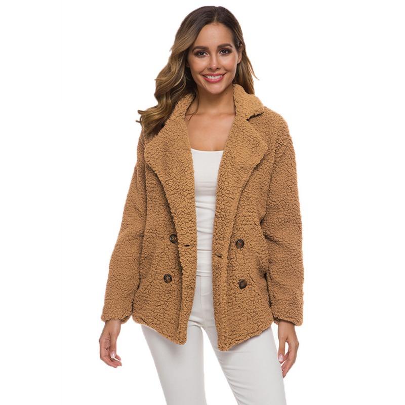 Autumn and Winter Double Breasted Loose Fleece Jacket Women Fashion Long Sleeve Plush Coat Women Vintage Solid Warm Plus Size Jackets for Women 24900