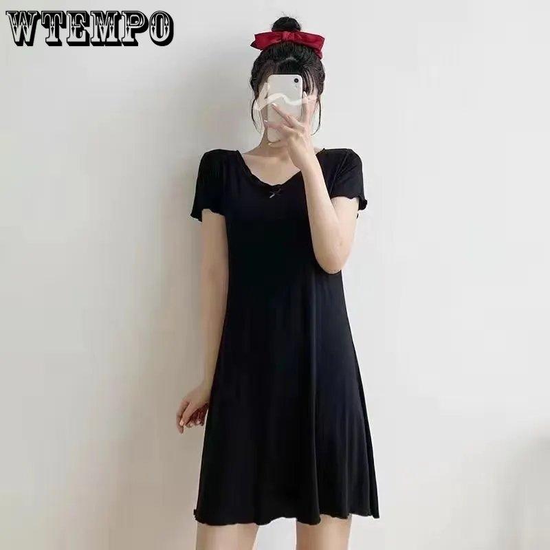 WTEMPO Ночная рубашка из модала с бюстгальтером, женская летняя тонкая свободная пижама с короткими рукавами, большие размеры, однотонная повседневная домашняя одежда