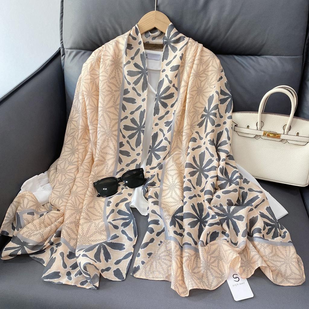 Wind New Geometric Color Matching Printed Scarf Summer Fresh Flower Cotton and Linen Feel Sunscreen Shawl