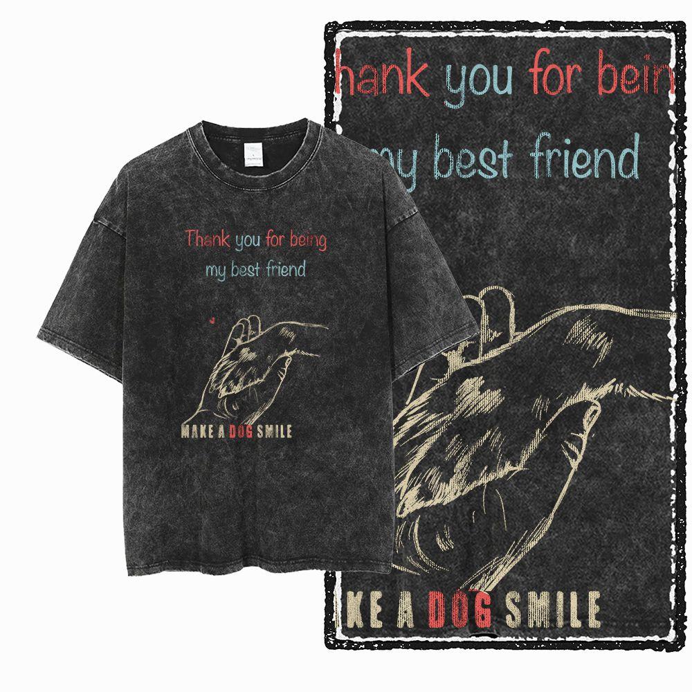 Big Size Dog Graphic Unique Washed Distressed Cotton Unisexs Retro Streetwear TShirt G