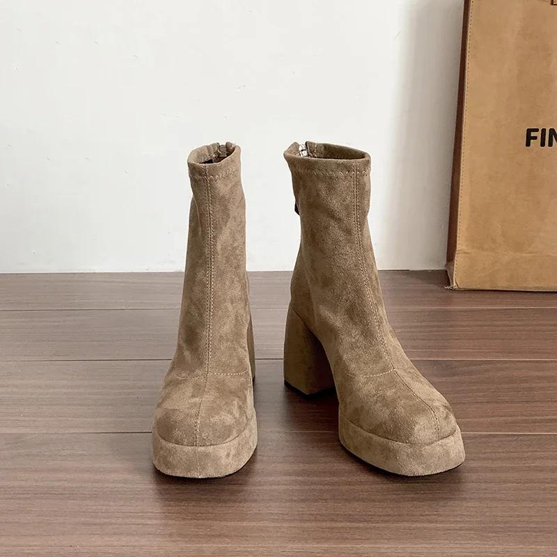 Designer Winter Women Modern Ankle Boots Short Plush Short Booties Ladies Platform Square High Heels Shoes