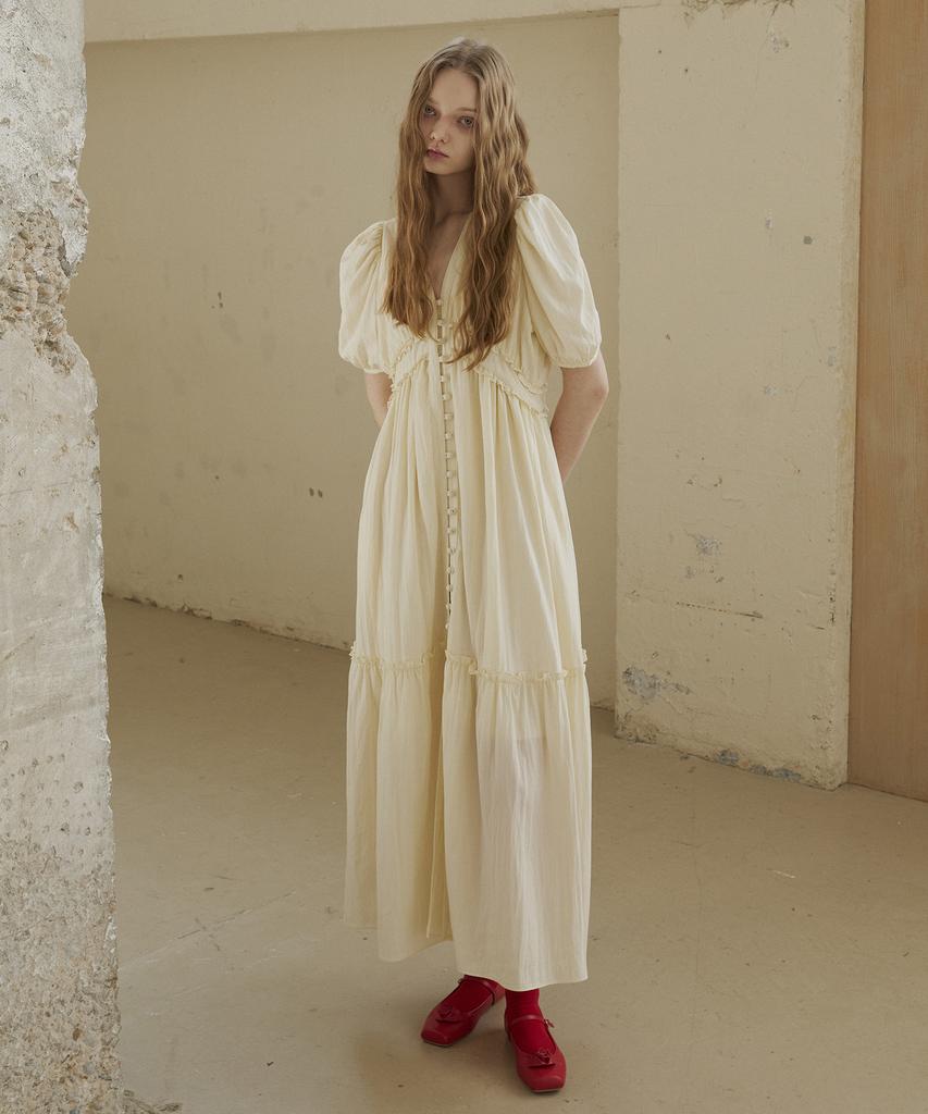 Green Butter Viscos Frill Dress (Cream)