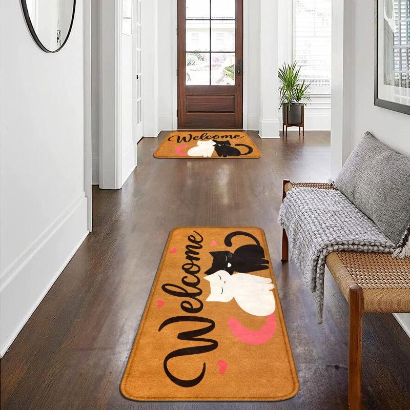 Flannel Black and White Cat Welcome Floor Mat, Non-slip Absorbent Foot Mat At The Entrance, Household Entrance Carpet