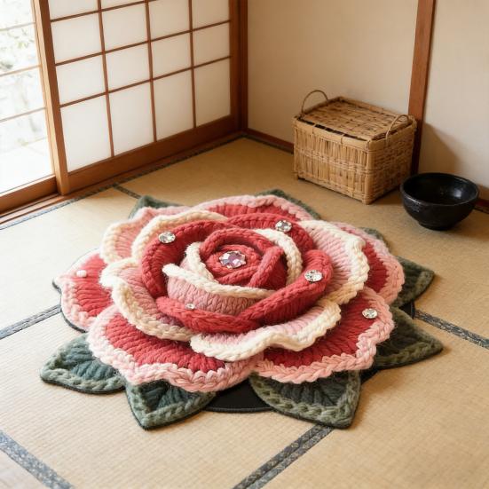 Цветочный Плюшевый Коврик для Пола 3D Реалистичный Стразы Крючком Роза Узор Нескользящий Напольный Коврик Быстросохнущий Впитывающий Коврик для Ванной Комнаты Кухни