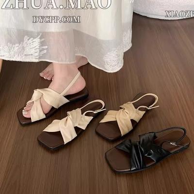 Сандалии женские новые летние с перекрестными ремешками на мягкой подошве с юбкой-босоножками на плоской подошве с открытым носком