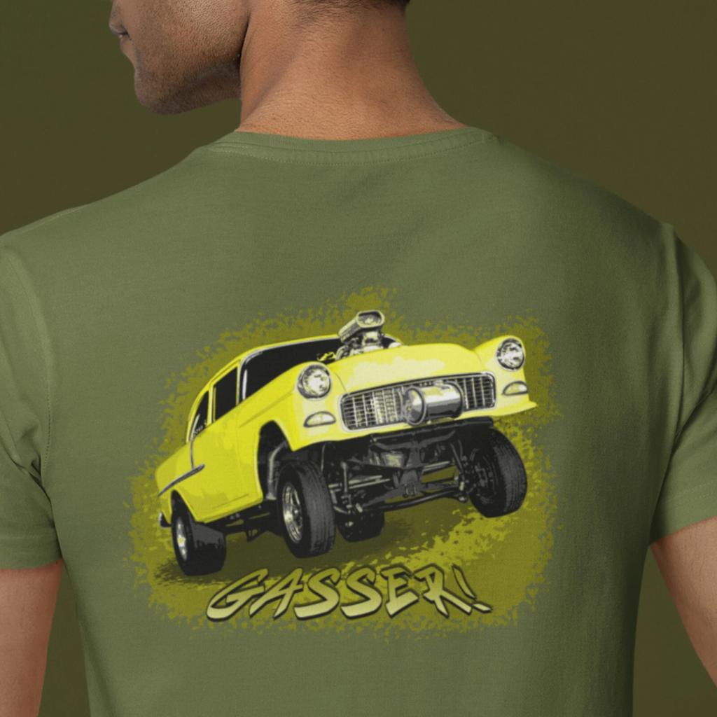 Классическая гоночная футболка с изображением Yellow 55 Chevy Gasser - Унисекс футболка, изображение на спине