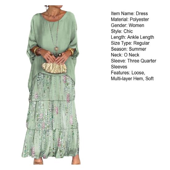 Summer Spring Women Dress Three Quarter Dolman Sleeve Fake Two-piece Multi-layer Hem Loose O Neck Printed Loose Chiffon Mesh Daily Party Maxi Dress