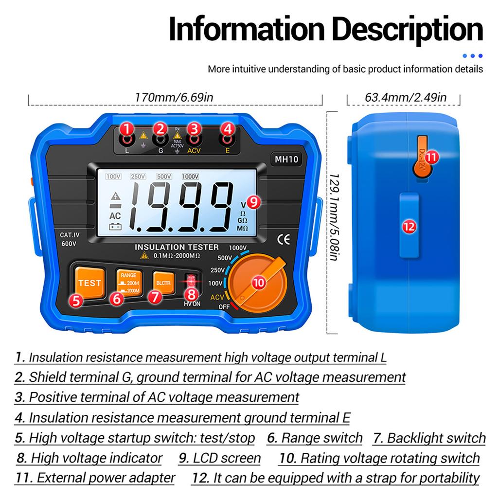 Insulation Resistance Tester 100V 250V 500V 1000V Resistance Tester with LCD Backlight Digital Display Screen