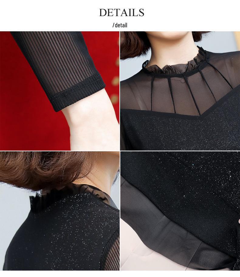 Женская кружевная рубашка с низом — черная сетка, облегающий крой, длинный рукав, воротник-стойка, осень/зима 2021 г.