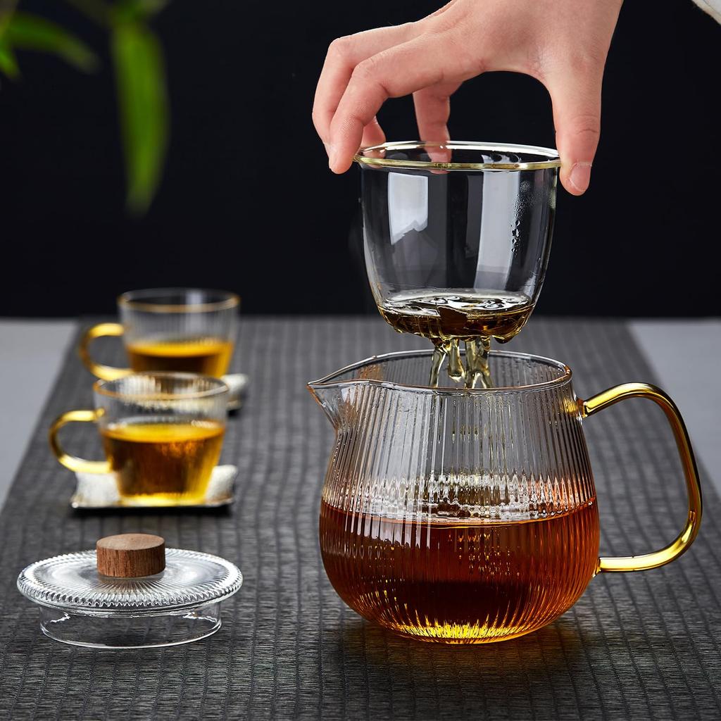 Pokaro Tea Melon Teapot, Heat-Resistant Glass, Heat-Resistant (170°C), Microwave-Safe, 570ml, with Tea Strainer and Lid, Wooden Knob, Suitable for
