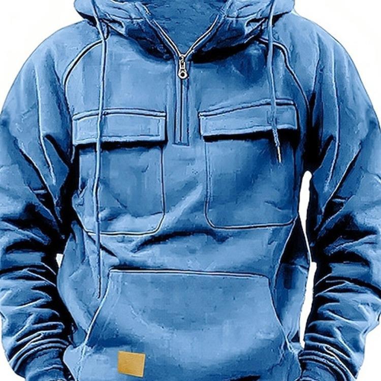 Men's Multi-Pocket Hooded Leather Patch Sweatshirt Jacket for Spring and Autumn - European & American Youth Style