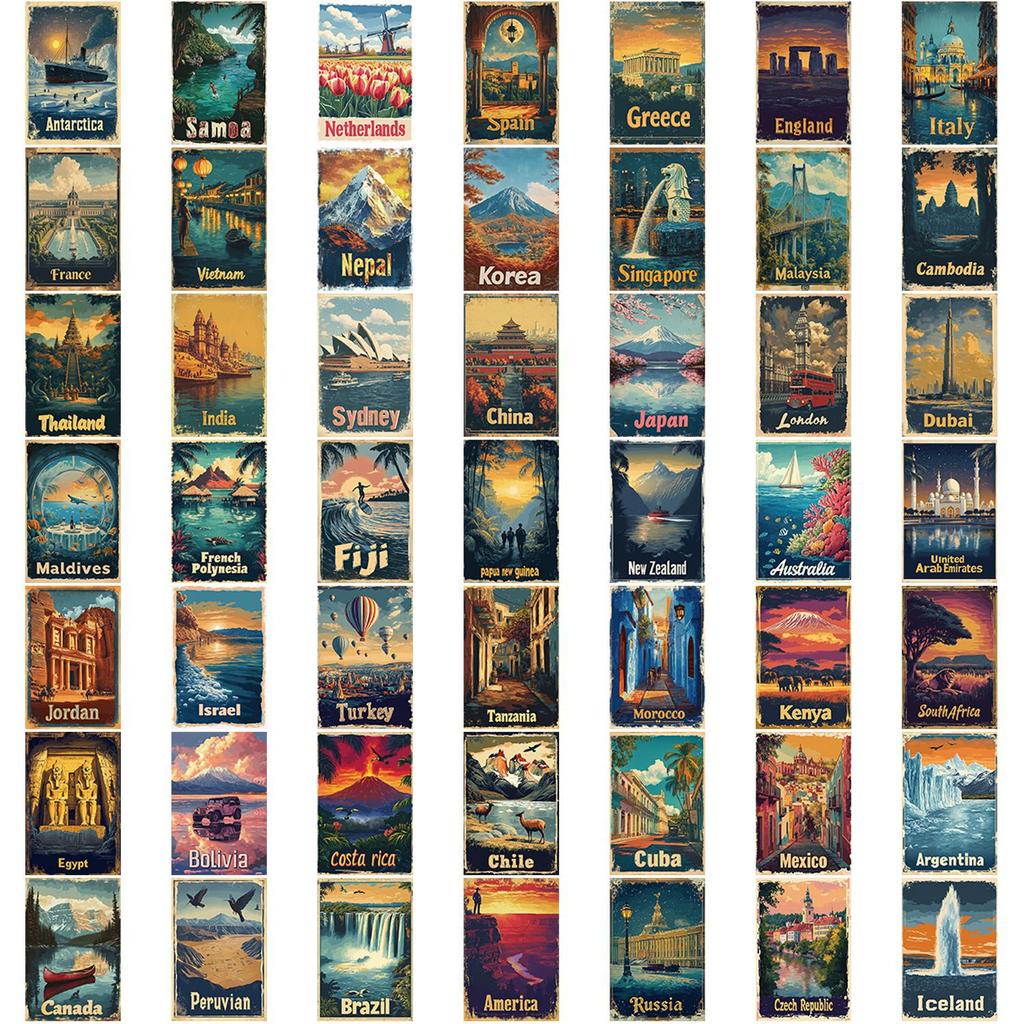 50 Cartoon Retro Travel Poster Graffiti Sticker Decoration Ipad Suitcase Notebook Diy Waterproof
