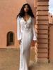 Women Sexy White Knit Swimsuit Cover Up Deep V-neck Tie Hollow Out Long Sleeve Beach Maxi Dress 2025 Summer Holiday Outfit K186