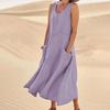 Women Summer Dresss O Neck A-line Loose Hem Sleeveless Pockets Soft Breathable Casual Mid-calf Length Sundress Daily Midi Dress