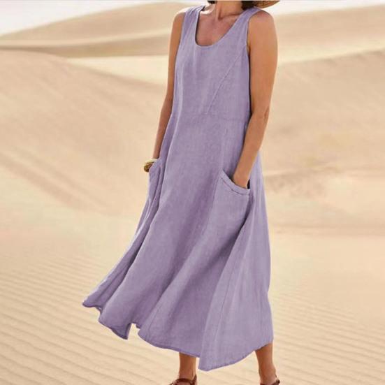 Women Summer Dresss O Neck A-line Loose Hem Sleeveless Pockets Soft Breathable Casual Mid-calf Length Sundress Daily Midi Dress