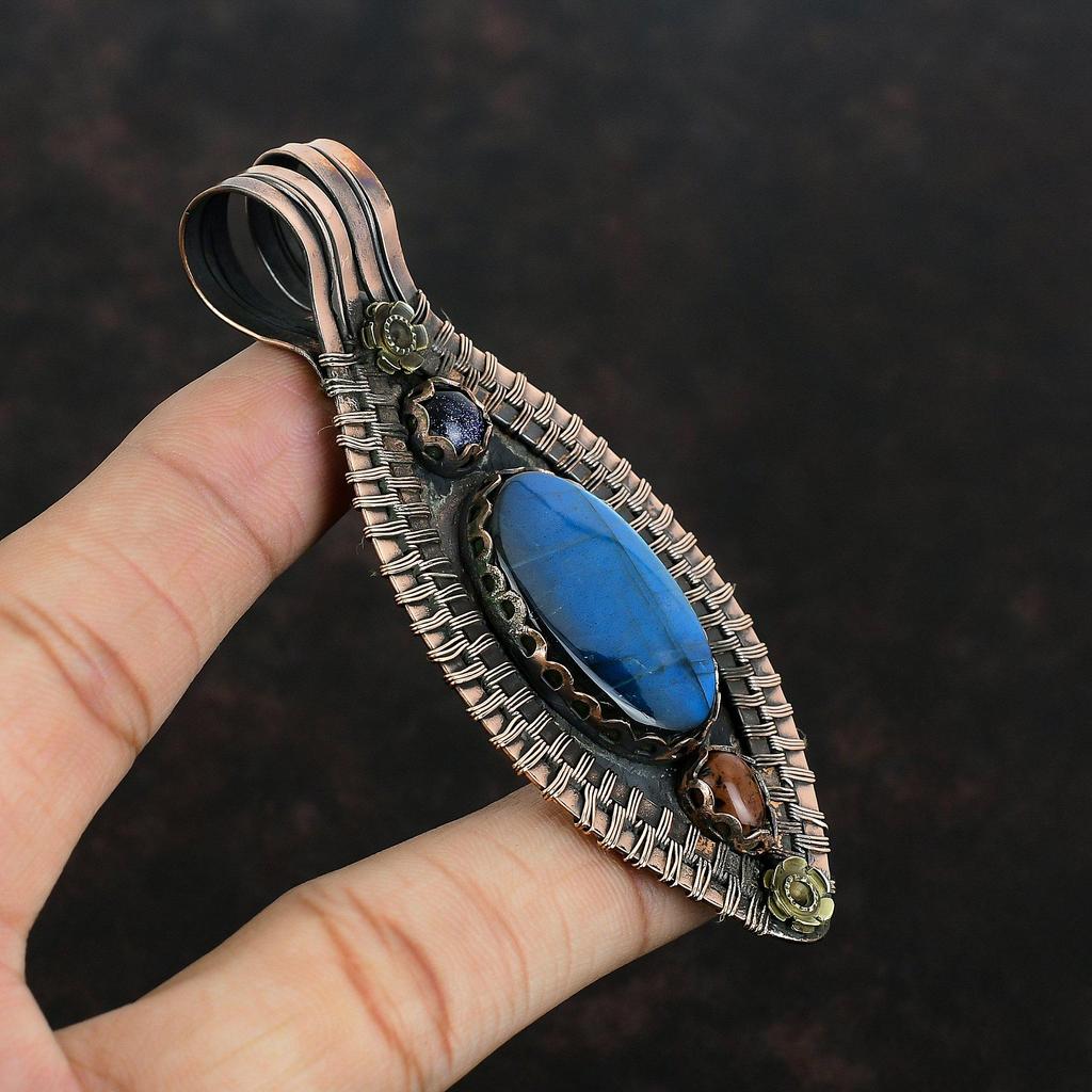 Labradorite Pendant Mahogany Obsidian And Blue Sunstone Pendant Copper Wire Wrapped Pendant Natural Gemstone Handmade Jewelry Gifts For Her